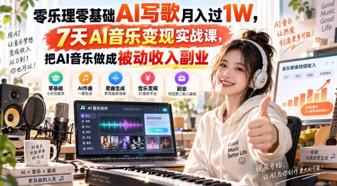 零乐理零基础AI写歌月入过1W，7天AI音乐变现实战课，把AI音乐做成被动收入副业-翌晨科技网