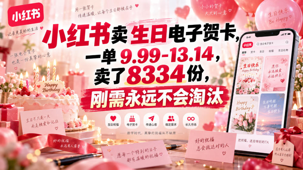 小红书卖生日电子贺卡，一单9.99-13.14，卖了8334份，刚需永远不会淘汰-翌晨科技网