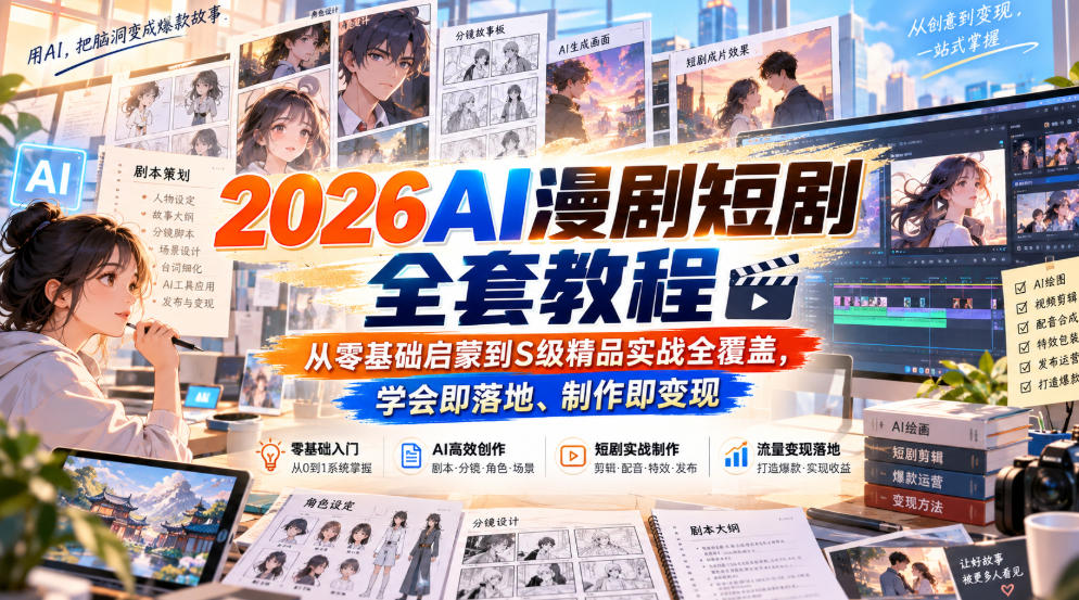 【无水印】2026AI漫剧短剧全套教程，从零基础启蒙到S级精品实战全覆盖，学会即落地、制作即变现-翌晨科技网