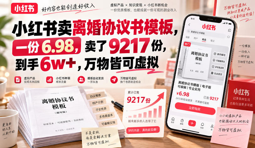 小红书卖离婚协议书模板，一份6.98，卖了9217份，到手6w+，万物皆可虚拟-翌晨科技网