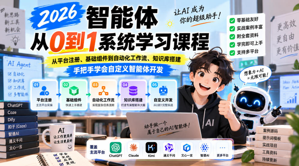 2026智能体从0到1系统学习课程，从平台注册、基础组件到自动化工作流、知识库搭建，手把手学会自定义智能体开发-翌晨科技网
