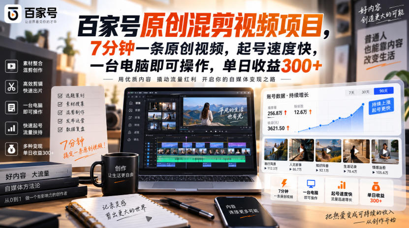 百家号原创混剪视频项目，7分钟一条原创视频，起号速度快，一台电脑即可操作，单日收益300+-翌晨科技网