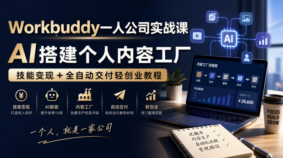 Workbuddy一人公司实战课，AI搭建个人内容工厂，技能变现+全自动交付轻创业教程​-翌晨科技网