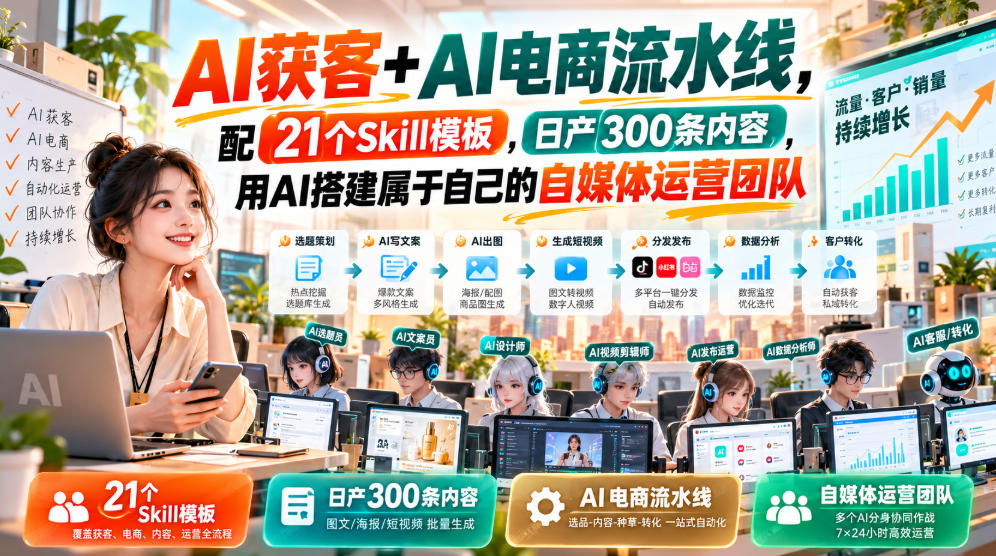 AI获客+AI电商流水线，配21个Skill模板，日产300条内容，用AI搭建属于自己的自媒体运营团队-翌晨科技网