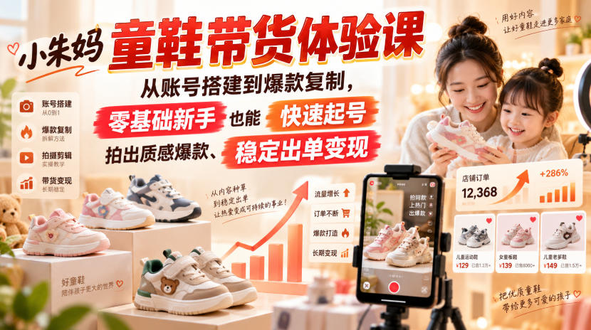 小朱妈童鞋带货体验课，从账号搭建到爆款复制，零基础新手也能快速起号、拍出质感爆款、稳定出单变现-翌晨科技网