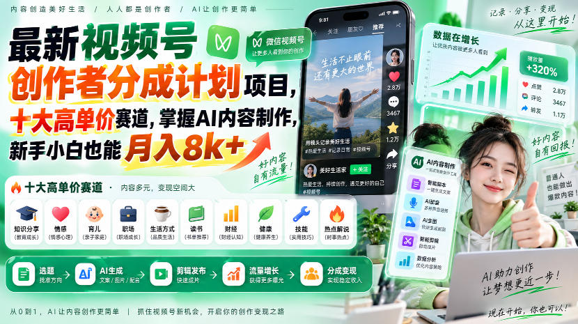 最新视频号创作者分成计划项目，十大高单价赛道，掌握AI内容制作，新手小白也能月入8k+-翌晨科技网