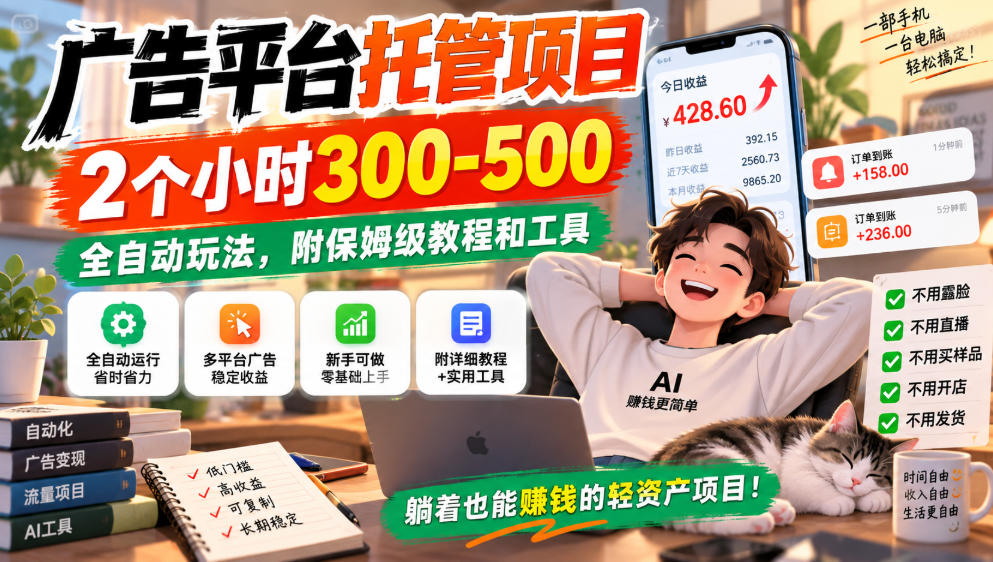 广告平台托管项目，2个小时300-500，全自动玩法，附保姆级教程和工具，小白照着就能做【揭秘】-翌晨科技网