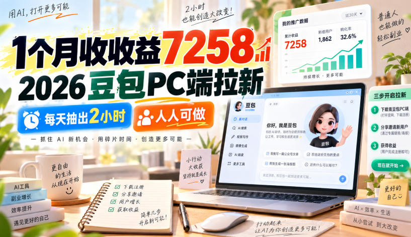 1个月收收益7258，2026豆包PC端拉新，每天抽出2小时，人人可做-翌晨科技网