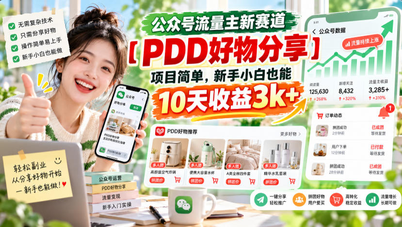 公众号流量主新赛道【PDD好物分享】,项目简单,新手小白也能10天收益3k+-翌晨科技网