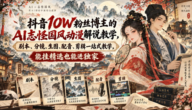 抖音10W粉丝博主的AI志怪国风动漫解说教学，剧本、分镜、生图、配音、剪辑一站式教学，能挂精选也能进独家​-翌晨科技网