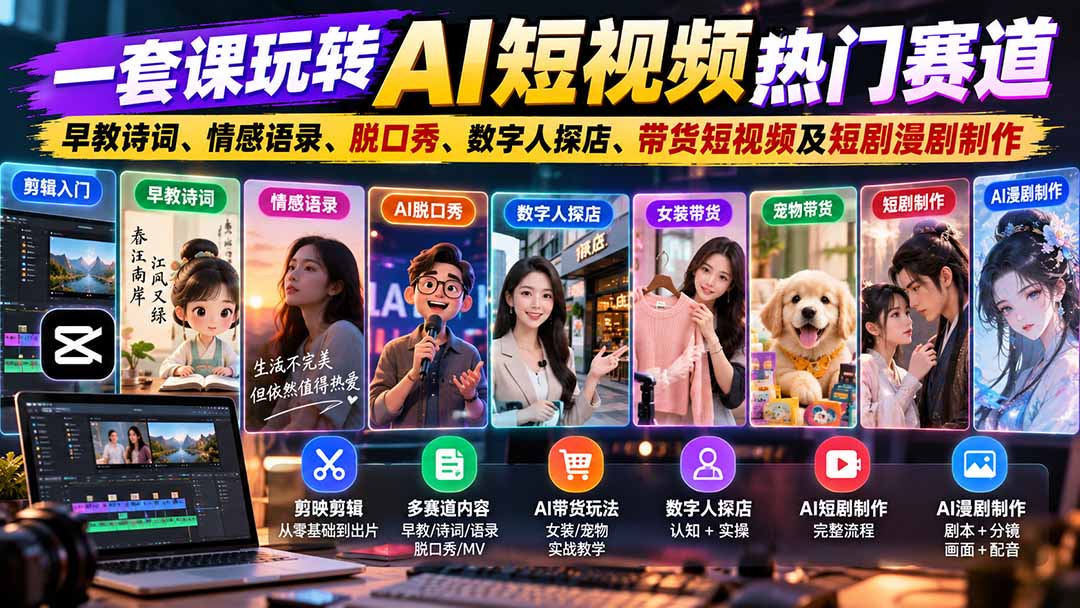 （20964期）一套课玩转AI短视频热门赛道：早教诗词、情感语录、脱口秀、数字人探店、带货短视频及短剧漫剧制作  复制标题-翌晨科技网