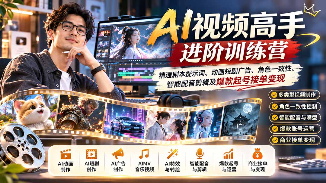 （21174期）AI视频高手进阶训练营：精通剧本提示词、动画短剧广告、角色一致性、智能配音剪辑及爆款起号接单变现-翌晨科技网