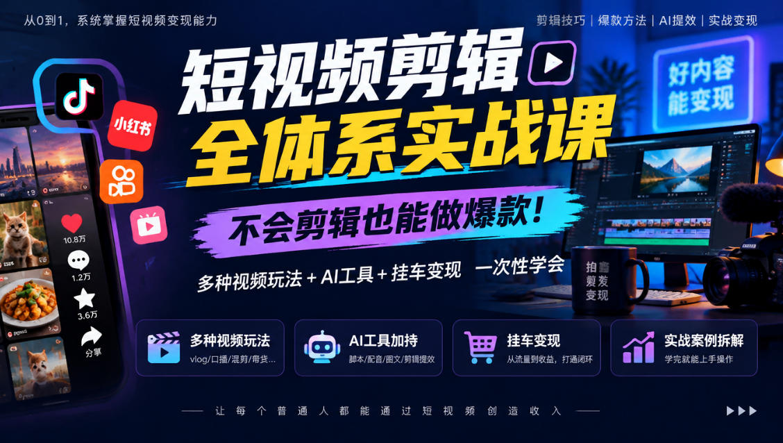 短视频剪辑全体系实战课，不会剪辑也能做爆款，多种视频玩法+AI工具+挂车变现一次性学-翌晨科技网