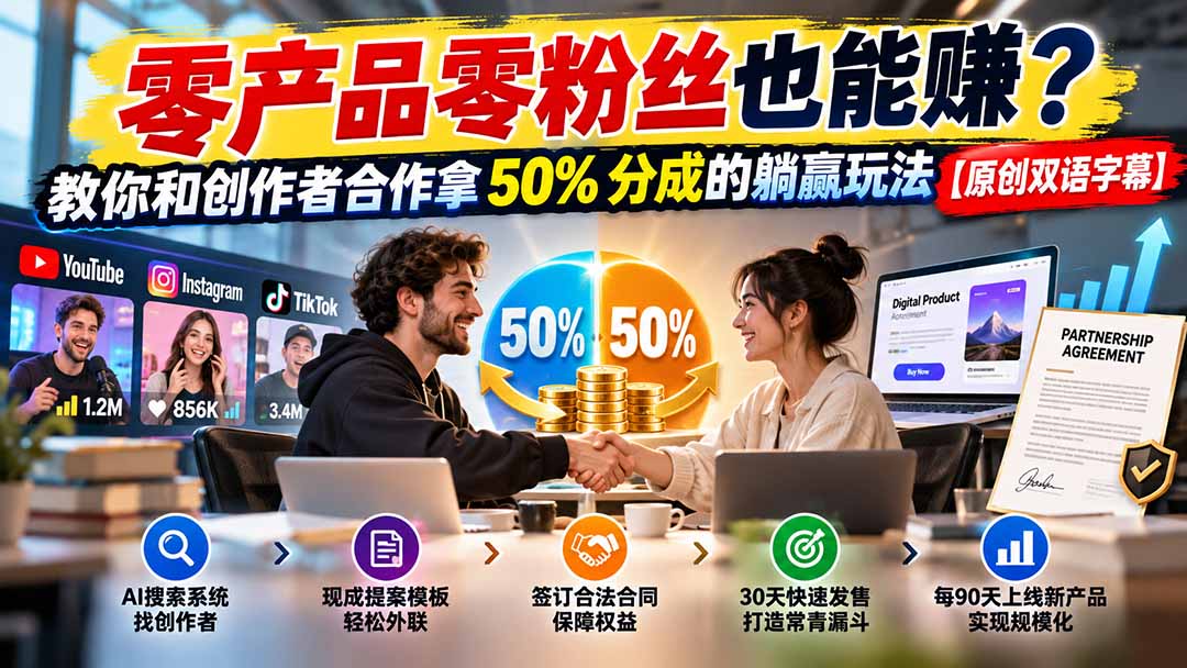 （20957期）零产品零粉丝也能赚？教你和创作者合作拿 50% 分成的躺赢玩法【原创双语字幕】-翌晨科技网