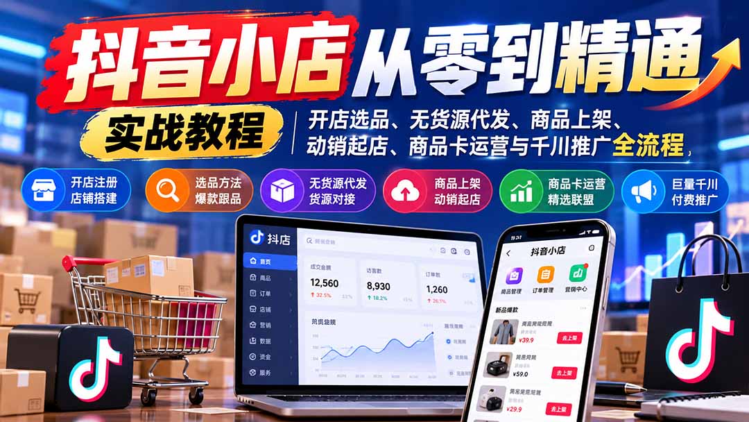 （21264期）抖音小店从零到精通实战教程：开店选品、无货源代发、商品上架、动销起店、商品卡运营与千川推广全流程-翌晨科技网