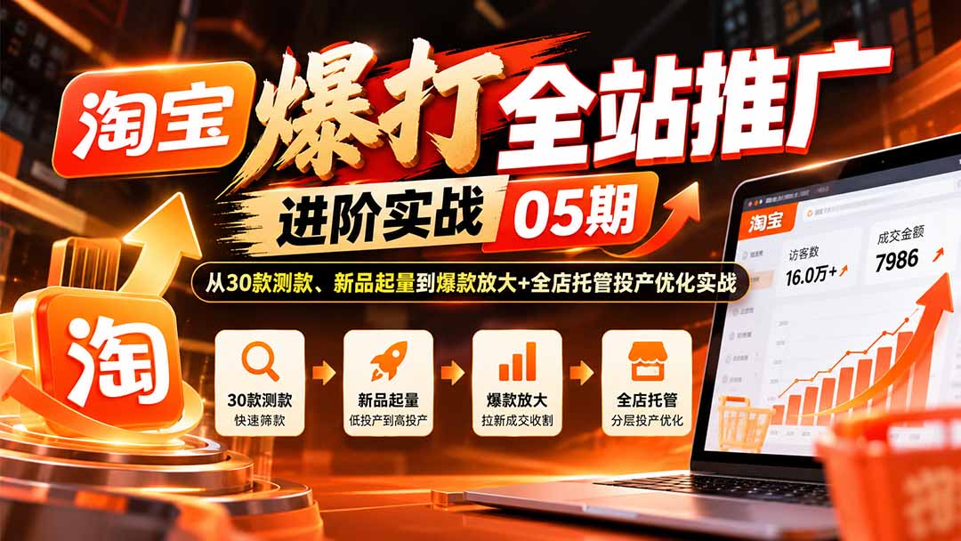 （20817期）淘宝爆打全站推广进阶实战05期：从30款测款、新品起量到爆款放大+全店托管投产优化实战-翌晨科技网