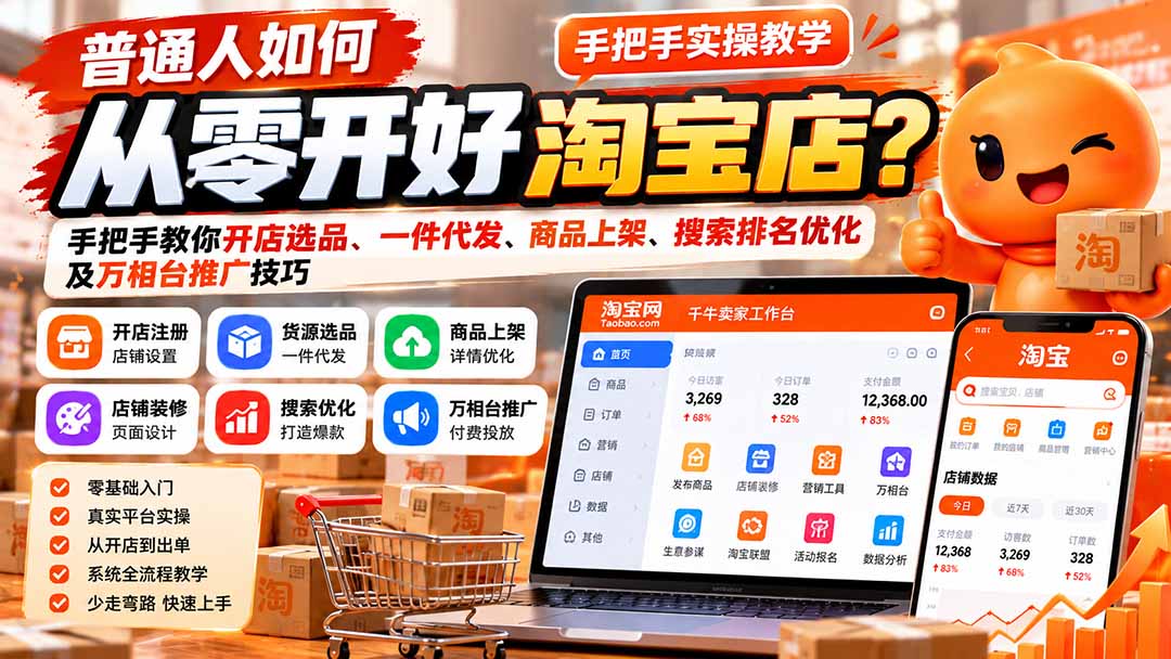 （21265期）普通人如何从零开好淘宝店？手把手教你开店选品、一件代发、商品上架、搜索排名优化及万相台推广技巧-翌晨科技网