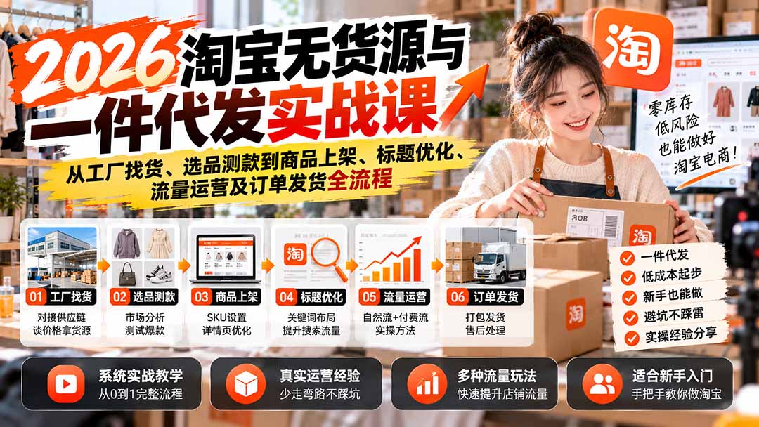 （20903期）2026淘宝无货源与一件代发实战课：从工厂找货、选品测款到商品上架、标题优化、流量运营及订单发货全流程-翌晨科技网
