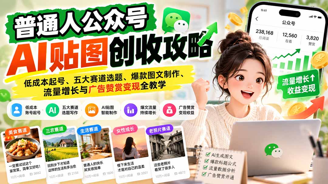 （20972期）普通人公众号AI贴图创收攻略：低成本起号、五大赛道选题、爆款图文制作、流量增长与广告赞赏变现全教学-翌晨科技网