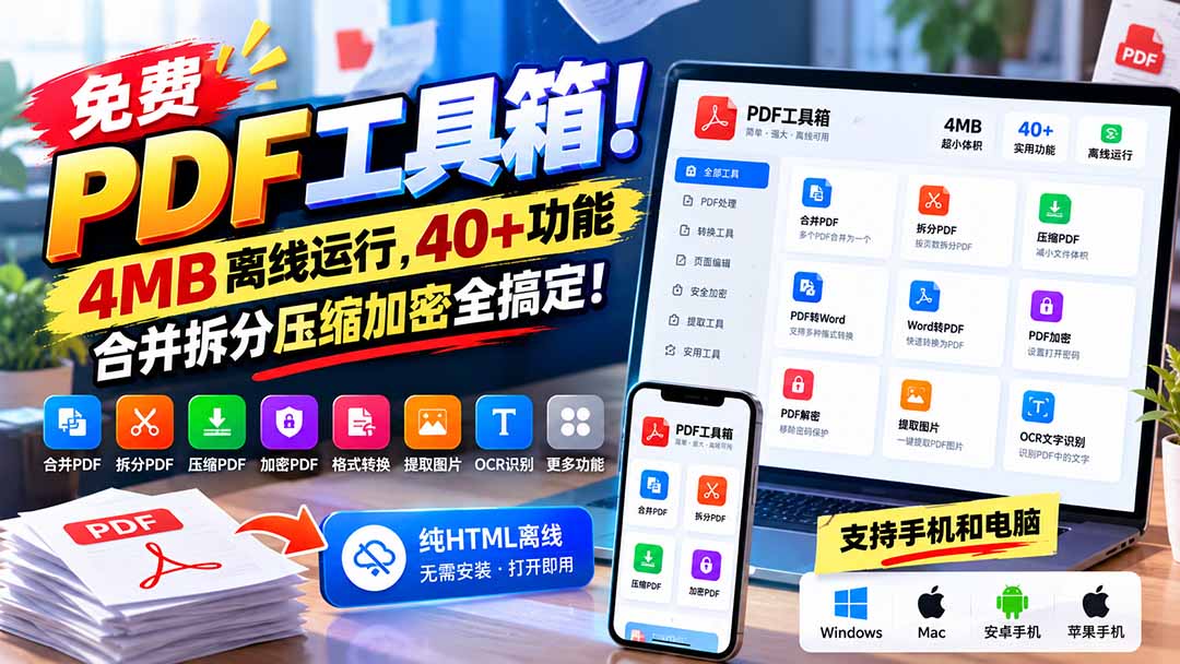 （21197期）免费PDF工具箱！4MB离线运行，40+功能，合并拆分压缩加密全搞定！-翌晨科技网