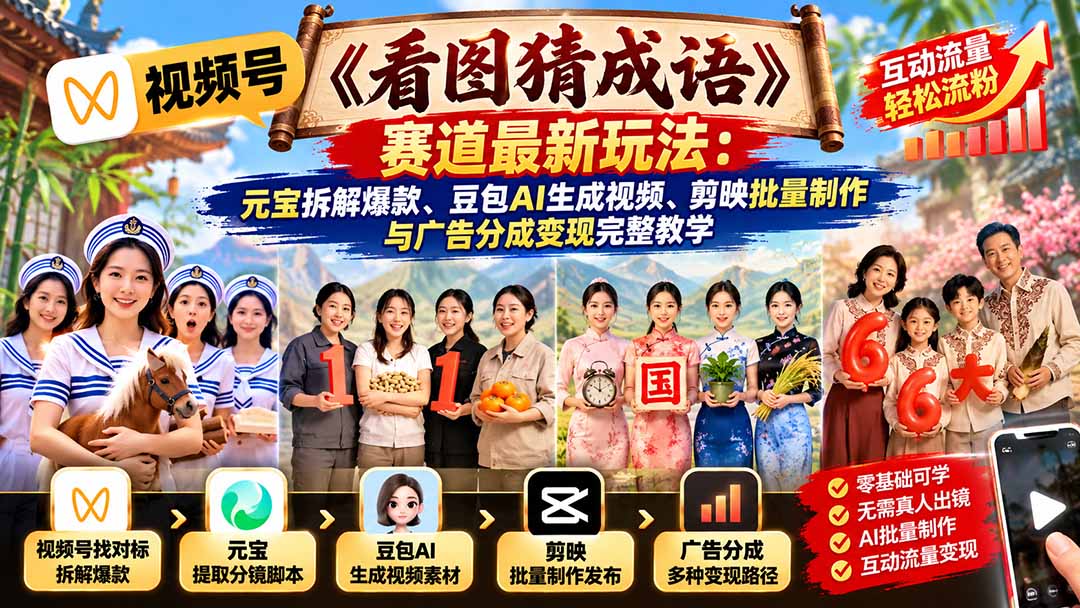 (21060期)视频号《看图猜成语》赛道最新玩法:元宝拆解爆款、豆包AI生成视频、剪映批量制作与广告分成变现完整教学-翌晨科技网