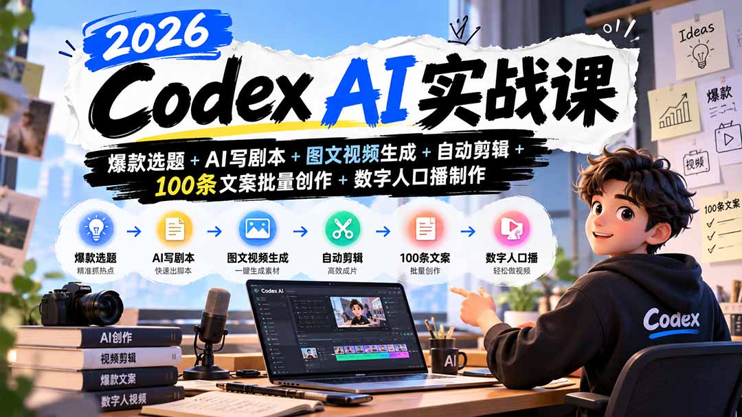 （20899期）2026Codex AI实战课：爆款选题+AI写剧本+图文视频生成+自动剪辑+100条文案批量创作+数字人口播制作-翌晨科技网