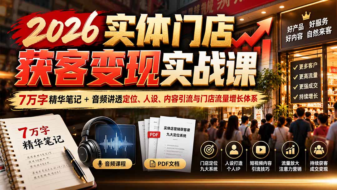 （20832期）2026实体门店获客变现实战课：7万字精华笔记+音频讲透定位、人设、内容引流与门店流量增长体系-翌晨科技网