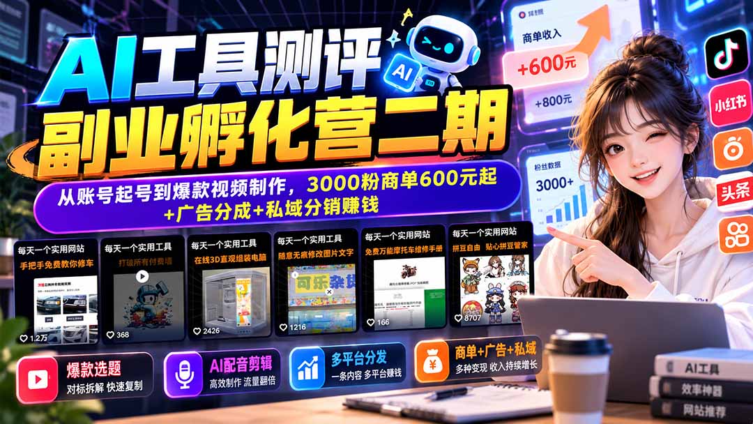 （20799期）AI工具测评副业孵化营二期：从账号起号到爆款视频制作，3000粉商单600元起+广告分成+私域分销赚钱-翌晨科技网