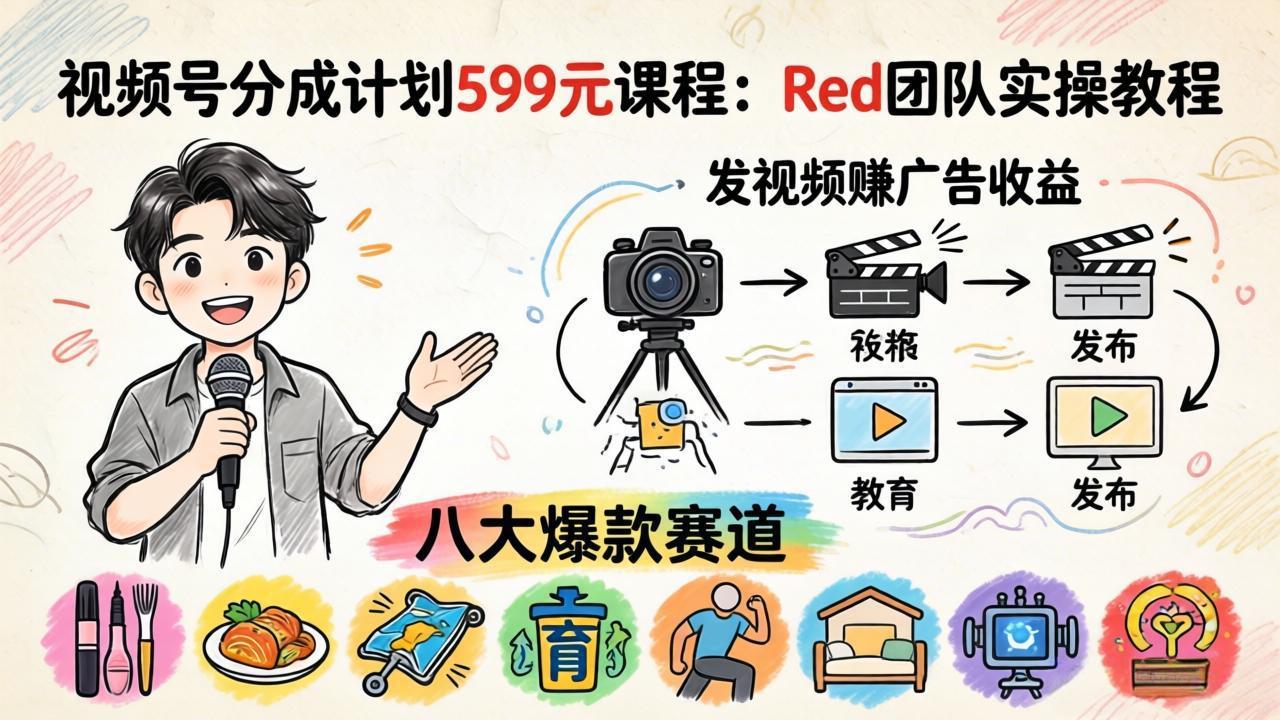 （18088期）视频号分成计划599元课程：Red团队实操教程，发视频赚广告收益，八大爆款赛道全掌握-翌晨科技网