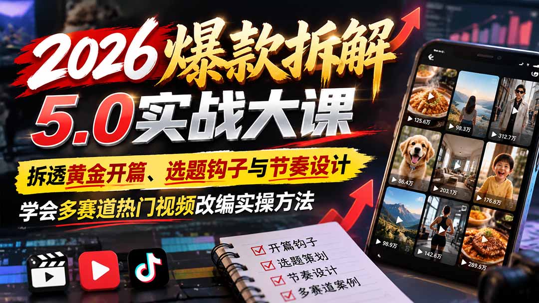 （21110期）2026爆款拆解5.0实战大课：拆透黄金开篇、选题钩子与节奏设计，学会多赛道热门视频改编实操方法-翌晨科技网