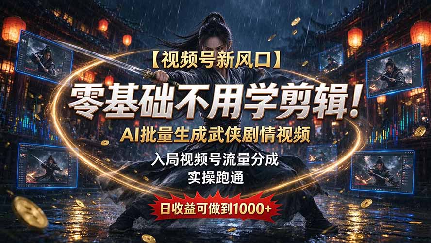 （20780期）【视频号新风口】零基础不用学剪辑！AI 批量生成武侠剧情视频，入局视频号流量分成，实操跑通，日收益可做到 1000+-翌晨科技网