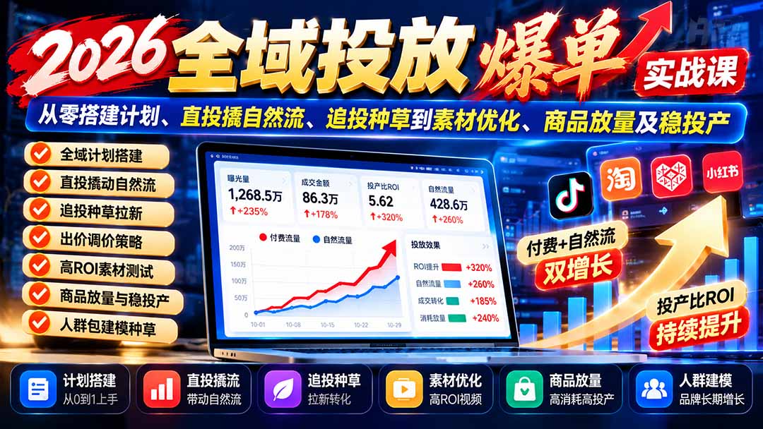 （20989期）2026全域投放爆单实战课：从零搭建计划、直投撬自然流、追投种草到素材优化、商品放量及稳投产-翌晨科技网