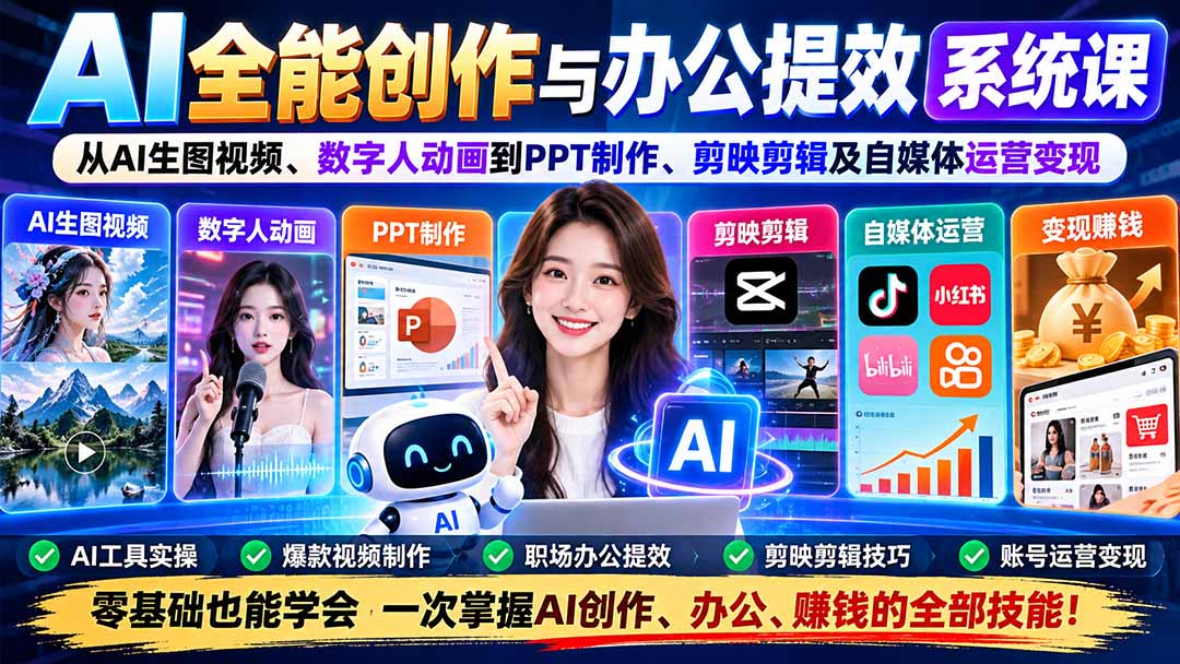 （20885期）AI全能创作与办公提效系统课：从AI生图视频、数字人动画到PPT制作、剪映剪辑及自媒体运营变现-翌晨科技网
