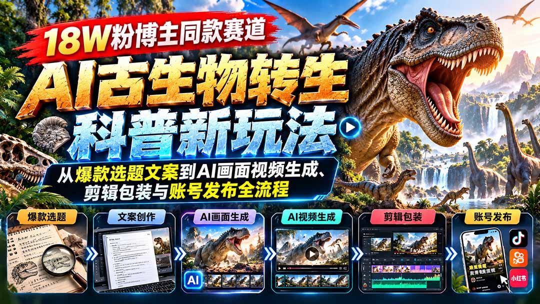 （20833期）18W粉博主同款赛道-AI古生物转生科普新玩法：从爆款选题文案到AI画面视频生成、剪辑包装与账号发布全流程-翌晨科技网