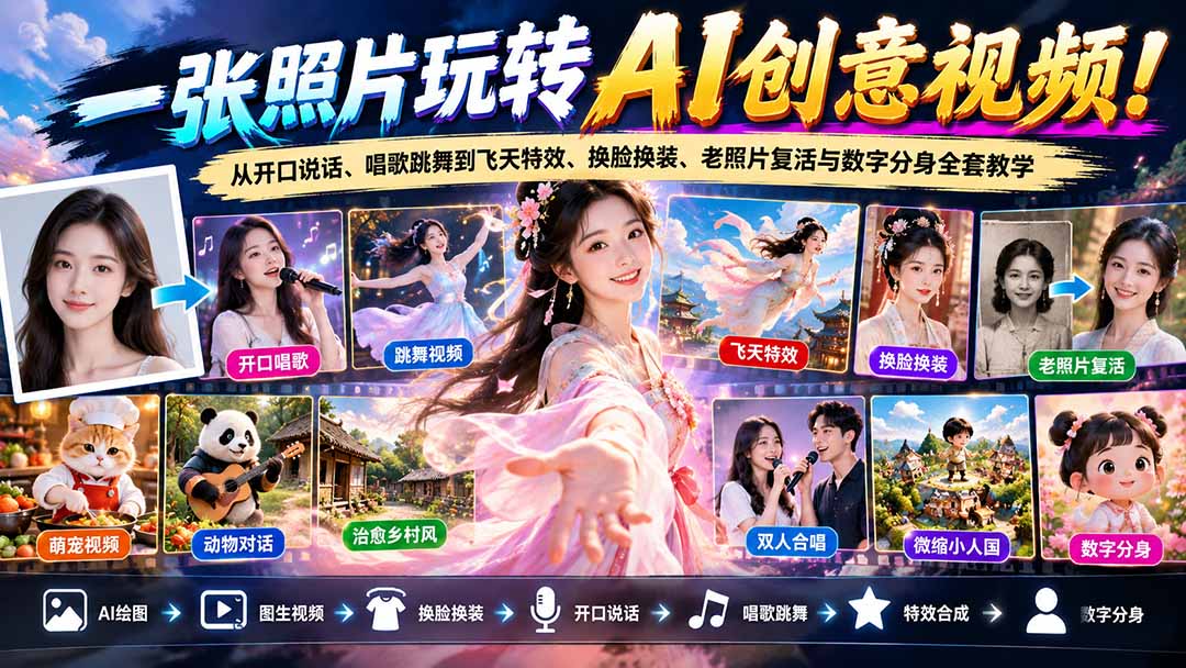 （21202期）一张照片玩转AI创意视频！从开口说话、唱歌跳舞到飞天特效、换脸换装、老照片复活与数字分身全套教学-翌晨科技网