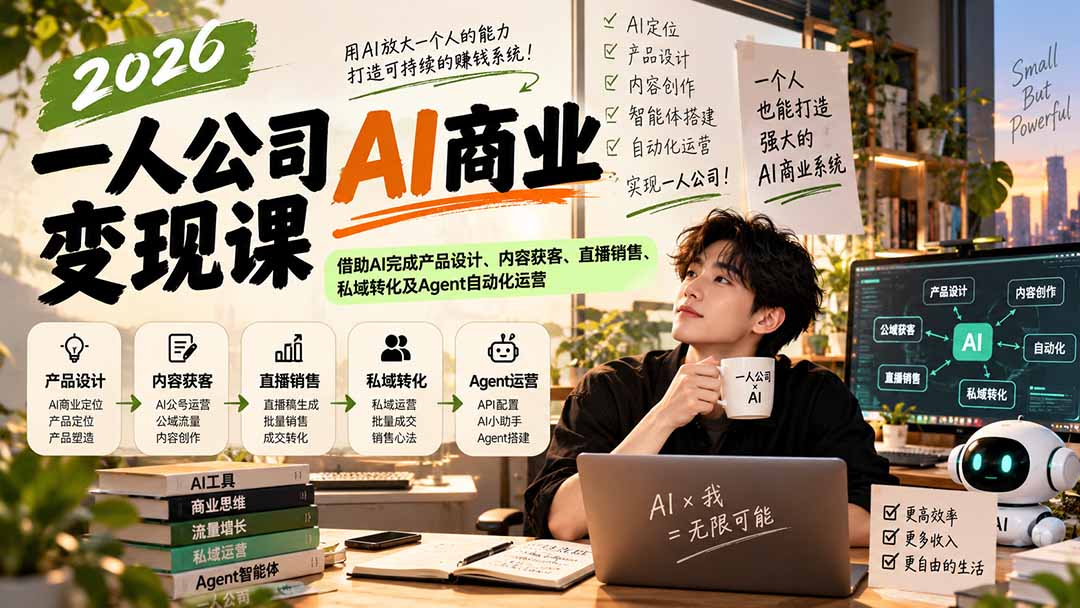 （20901期）2026一人公司AI商业变现课：借助AI完成产品设计、内容获客、直播销售、私域转化及Agent自动化运营-翌晨科技网