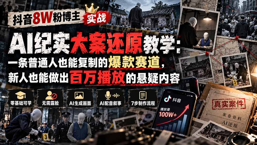 （20865期）抖音8W粉博主AI纪实大案还原教学：一条普通人也能复制的爆款赛道，新人也能做出百万播放的悬疑内容-翌晨科技网