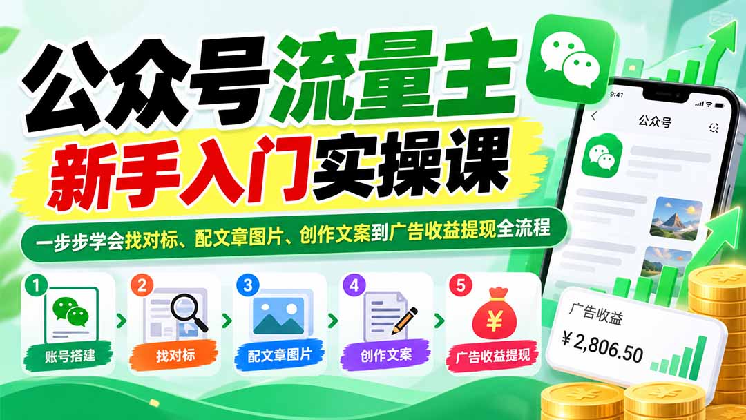 （20816期）公众号流量主新手入门实操课：一步步学会找对标、配文章图片、创作文案到广告收益提现全流程-翌晨科技网