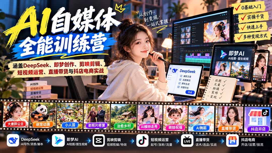 （21201期）【无水印】AI+自媒体全能训练营：涵盖DeepSeek、即梦创作、剪映剪辑、短视频运营、直播带货与抖店电商实战-翌晨科技网