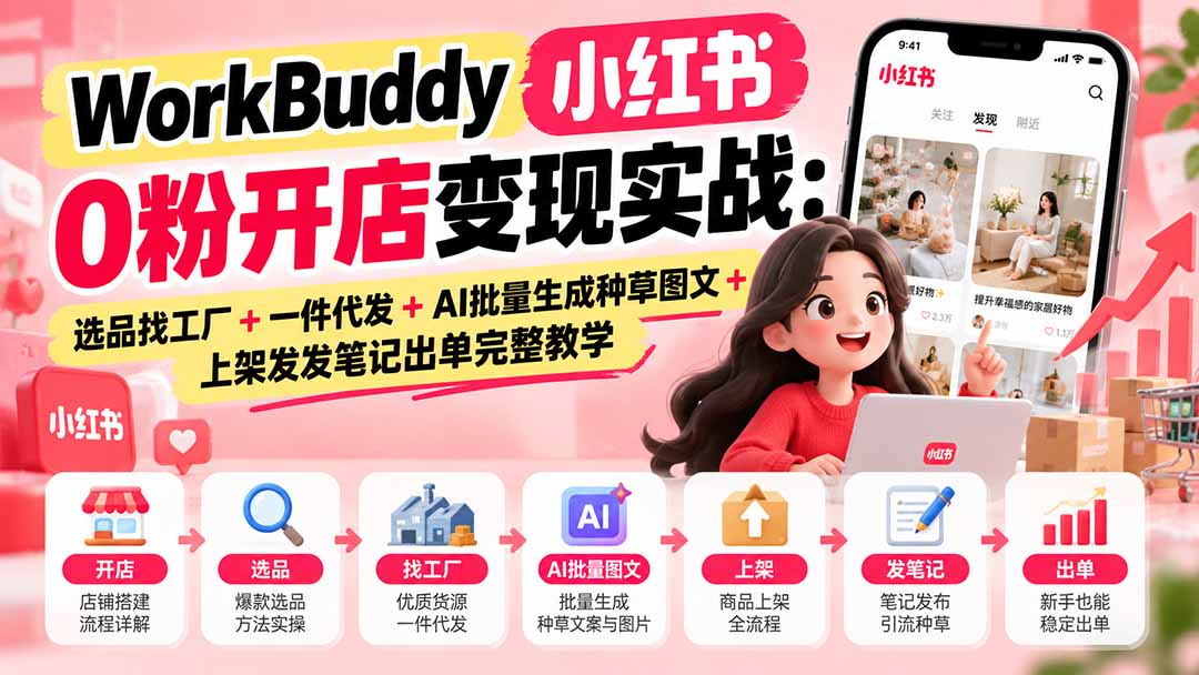 （20801期）WorkBuddy小红书0粉开店变现实战：选品找工厂+一件代发+AI批量生成种草图文+上架发发笔记出单完整教学-翌晨科技网