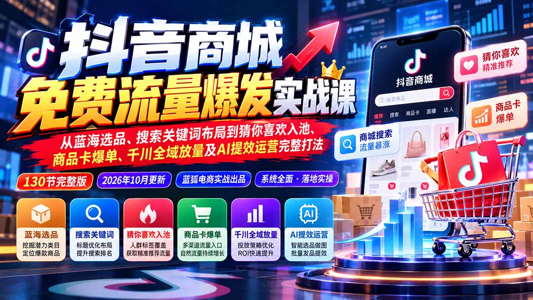 （20959期）抖音商城免费流量爆发实战：从蓝海选品、搜索关键词布局到猜你喜欢入池、商品卡爆单、千川全域放量及AI提效完整打法-翌晨科技网