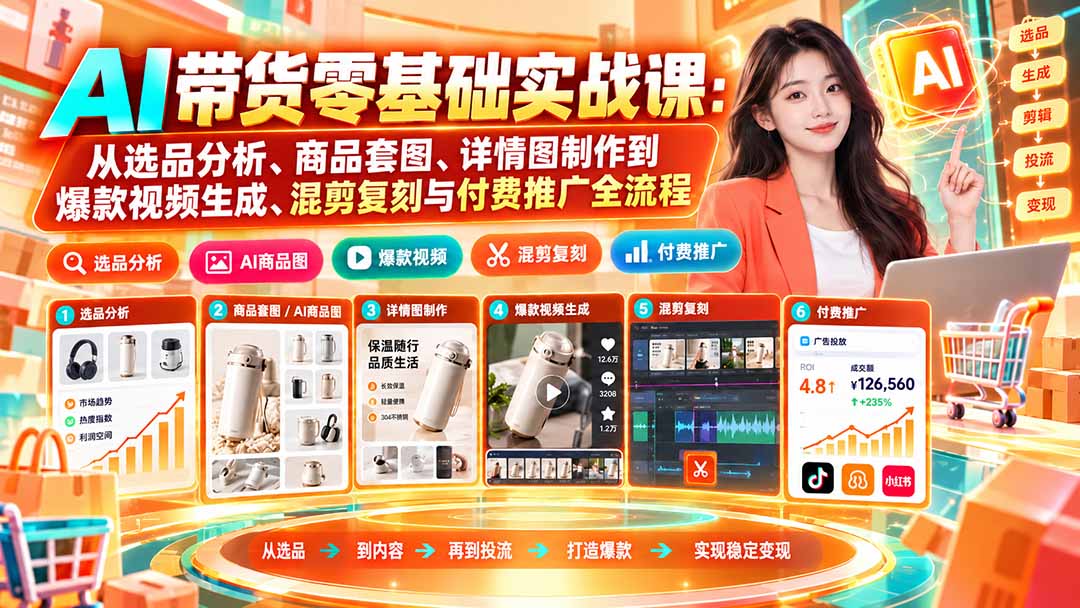 （20856期）AI带货零基础实战课：从选品分析、商品套图、详情图制作到爆款视频生成、混剪复刻与付费推广全流程-翌晨科技网