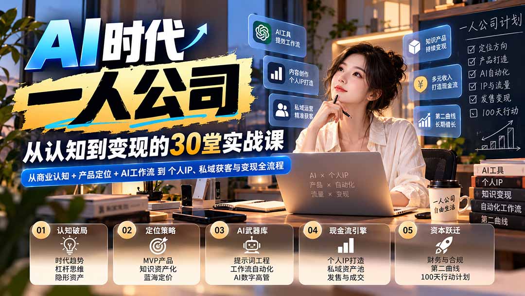 （20847期）【无水印】AI时代一人公司30堂实战课：从商业认知+产品定位+AI工作流到个人IP、私域获客与变现全流程-翌晨科技网