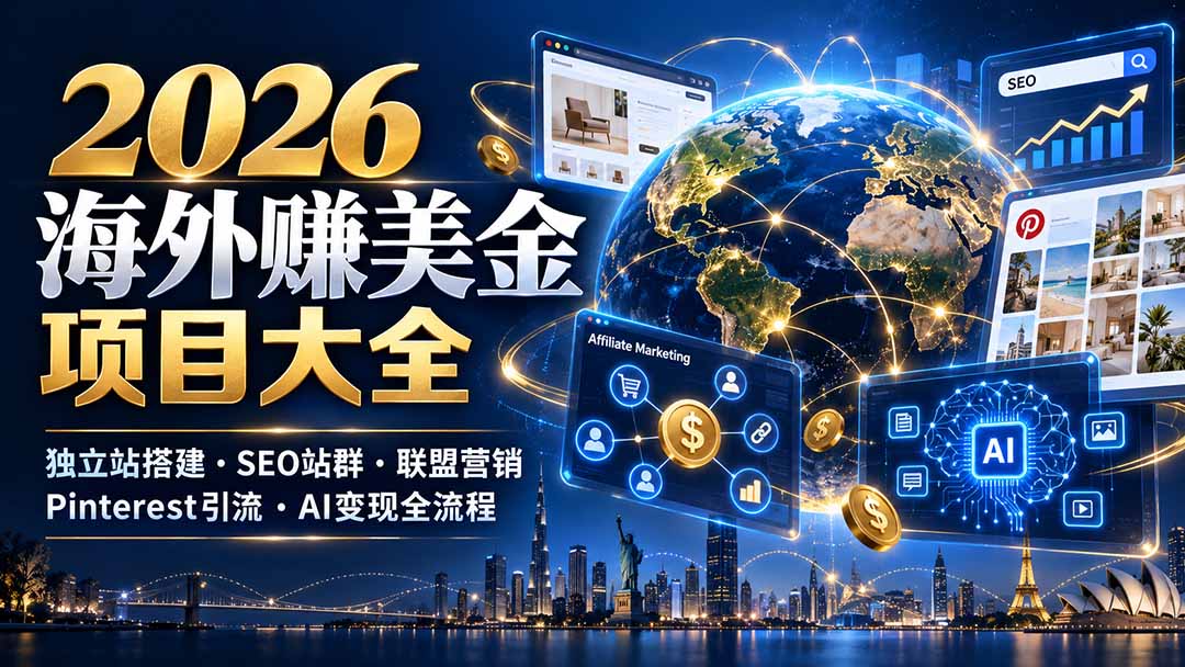 （21200期）2026海外赚美金项目大全：独立站搭建、SEO站群、联盟营销、Pinterest引流与AI变现全流程-翌晨科技网