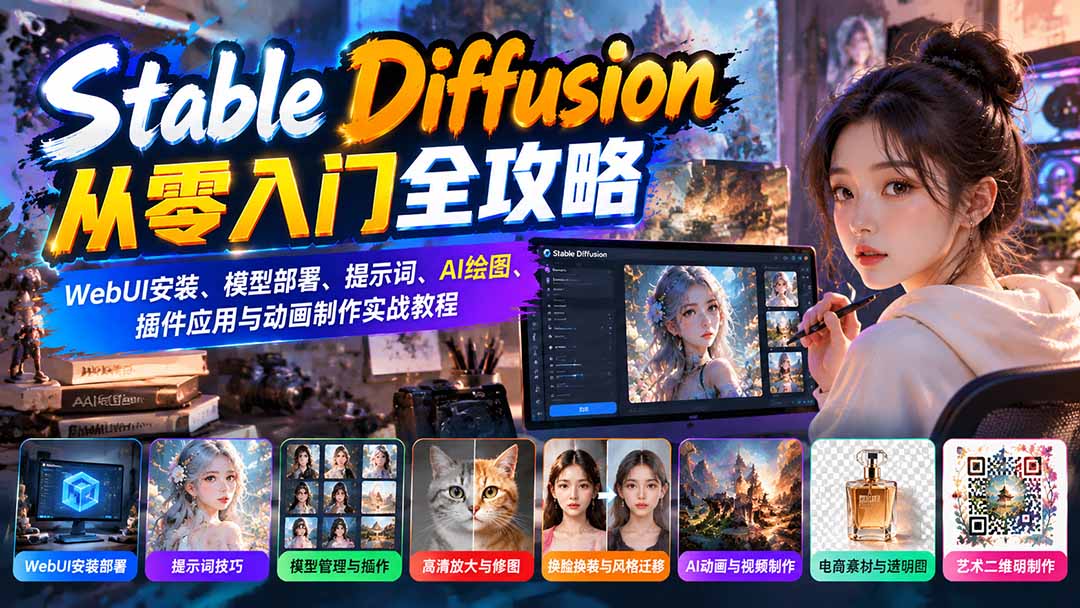 (21062期)Stable Diffusion从零入门全攻略:WebUI安装、模型部署、提示词、AI绘图、插件应用与动画制作实战教程-翌晨科技网