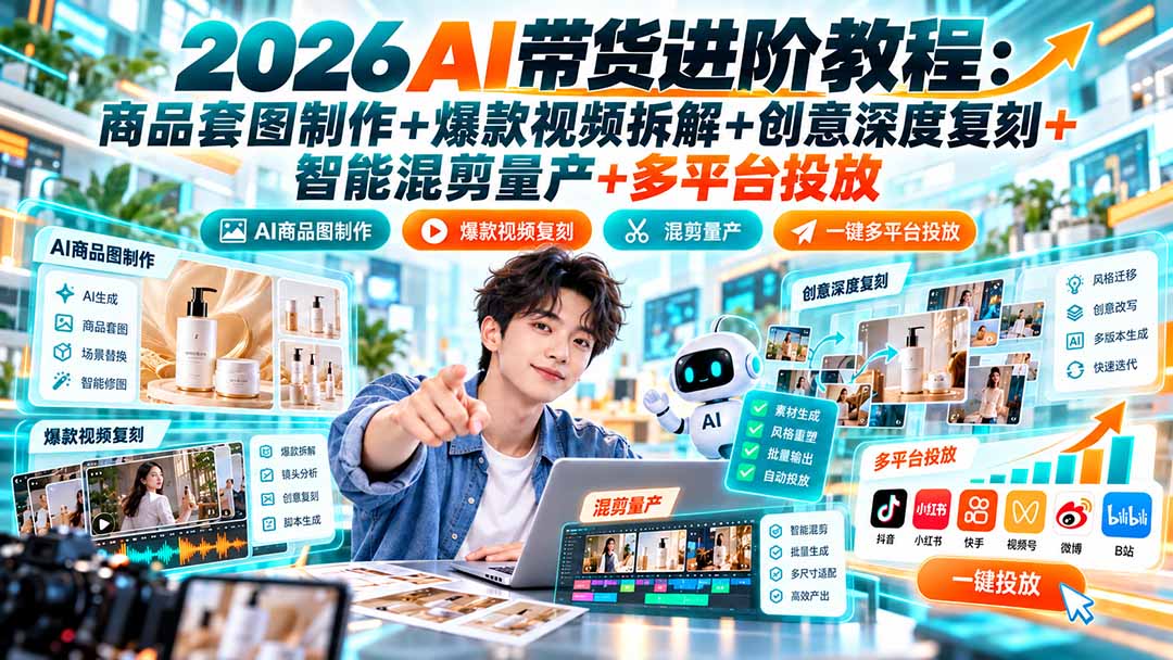 （20857期）2026AI带货进阶教程：商品套图制作+爆款视频拆解+创意深度复刻+智能混剪量产+多平台投放-翌晨科技网