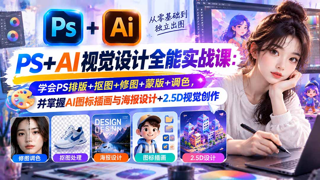 （20749期）【无水印】PS+AI视觉设计全能实战课：学会PS排版+抠图+修图+蒙版+调色，并掌握AI图标插画与海报设计+2.5D视觉创作-翌晨科技网