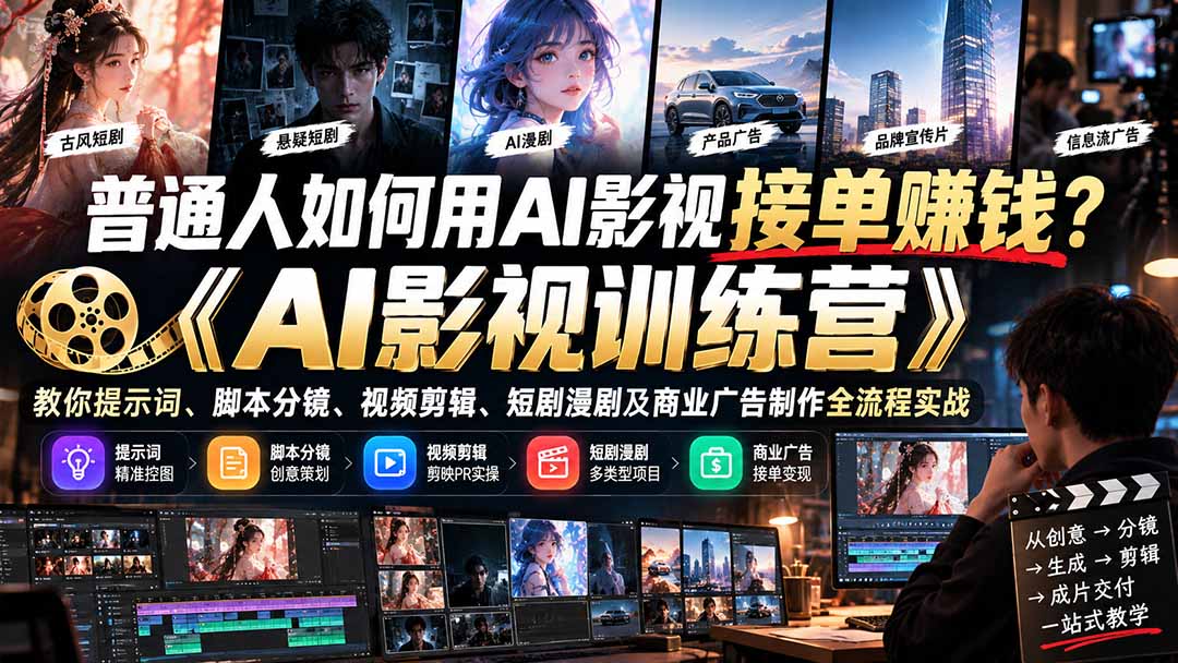 （21230期）普通人如何用AI影视接单赚钱？《AI影视训练营》教你提示词、脚本分镜、视频剪辑、短剧漫剧及商业广告制作全流程实战-翌晨科技网
