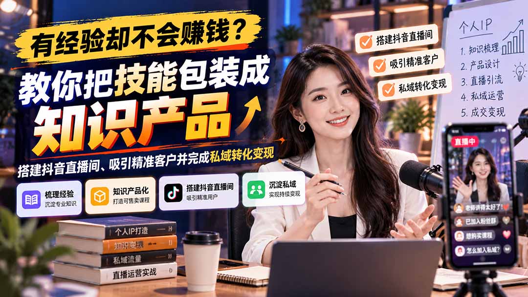 （21268期）有经验却不会赚钱？教你把技能包装成知识产品，搭建抖音直播间、吸引精准客户并完成私域转化变现-翌晨科技网