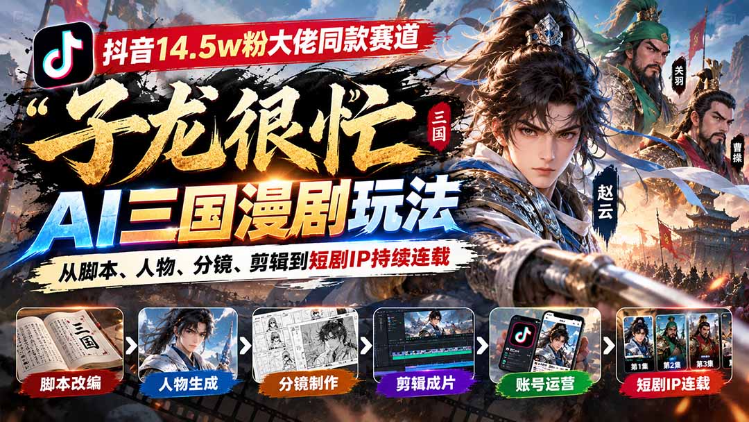 （20818期）抖音14.5w粉大佬同款赛道「子龙很忙」AI三国漫剧玩法：从脚本、人物、分镜、剪辑到短剧IP持续连载-翌晨科技网